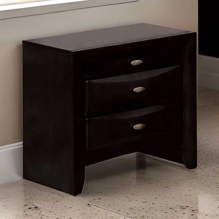 Simo Nightstand, Spacious Top, Metal Knobs, 3 Drawers, Black Solid Wood