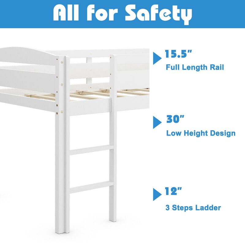 Wooden Twin Low Loft Bunk Bed with Guard Rail and Ladder.
