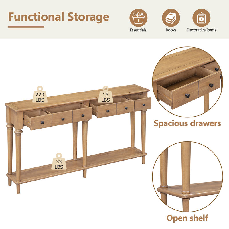 Gewnee Retro Console Table with 4 Drawers and Open Shelf (Old Pine)