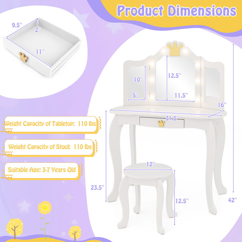 Kids Vanity Set with Tri-fold Lighted Mirror Detachable Top and Stool