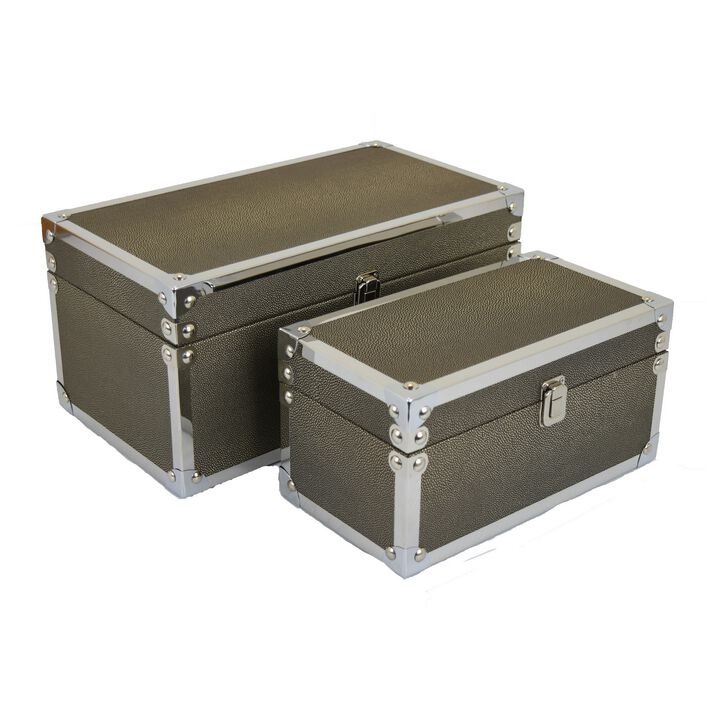 Mecca Storage Box Set of 2, Rivet Accents, Chrome Metal, Bronze Wood - Benzara