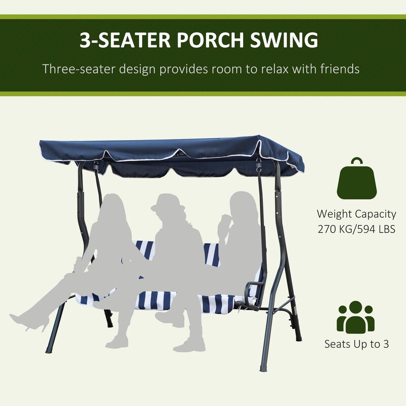 Striped Porch Swing: 3-Person Blue/White with Adjustable Canopy