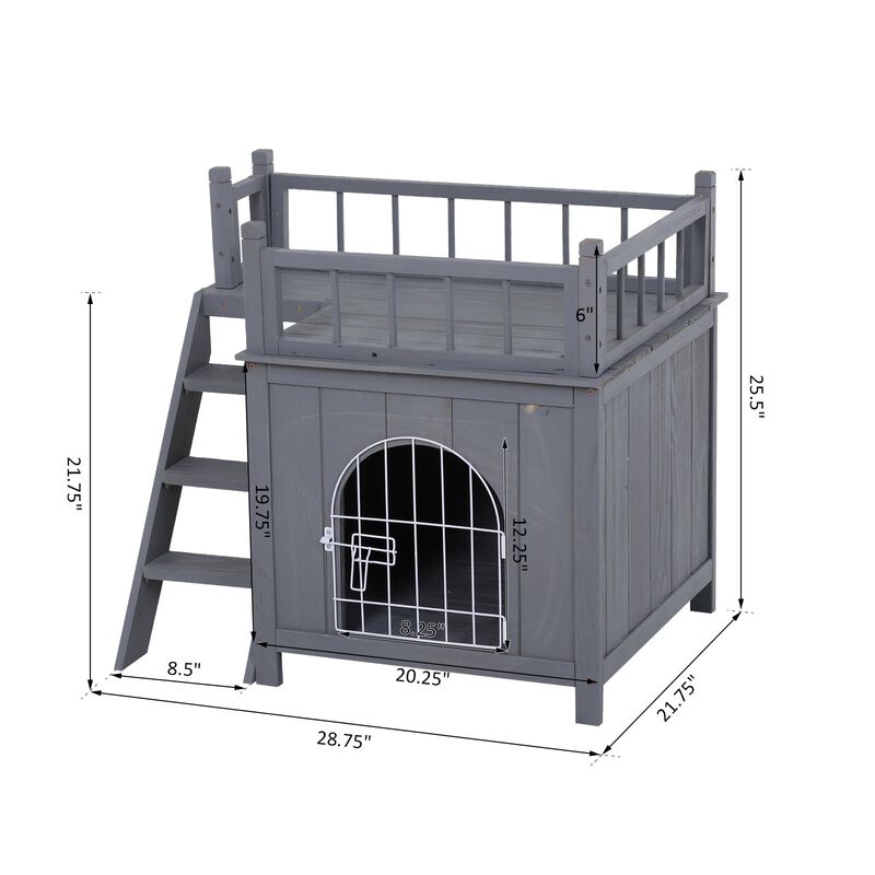 Grey Cat Castle: 2-Level Wooden Outdoor Shelter with Balcony