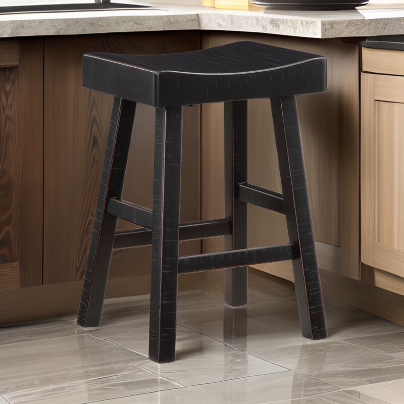 Casy 25 Inch Counter Height Stool, Saddle Seat, Black Rubberwood, Set of 2 - Benzara