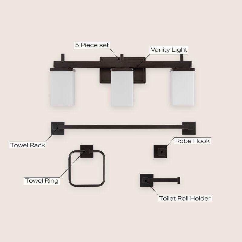 Caia 22.38" 3-Light Modern Contemporary Vanity Light with Frosted Glass Shades and Bathroom Hardware Accessory 5-Piece Set