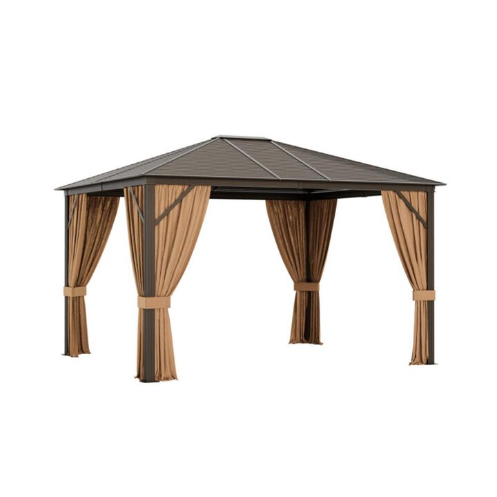 Hivvago 12 x10 Feet Outdoor Hardtop Gazebo with Galvanized Steel Top and Netting-Brown
