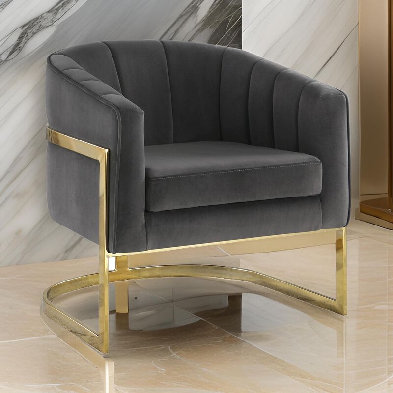 30 Inch Barrel Foam Accent Chair, Brushed Gold Floating Base, Gray Velvet-Benzara