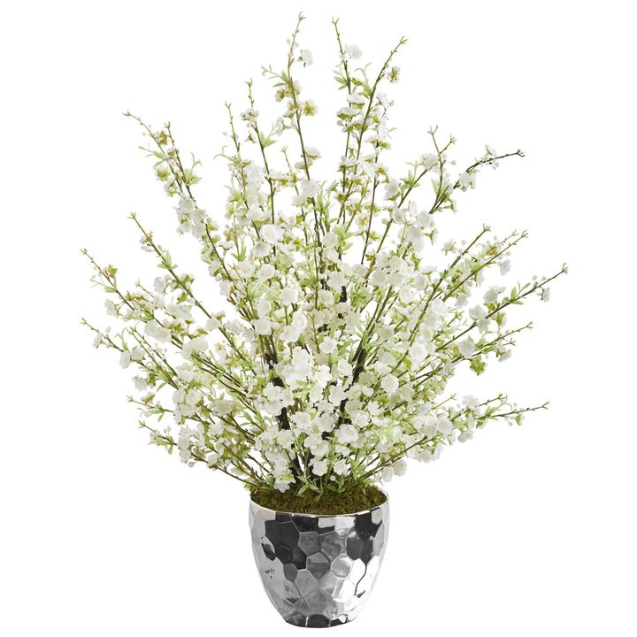 Nearly Natural 29-in Cherry Blossom Artificial Arrangement in Silver Bowl