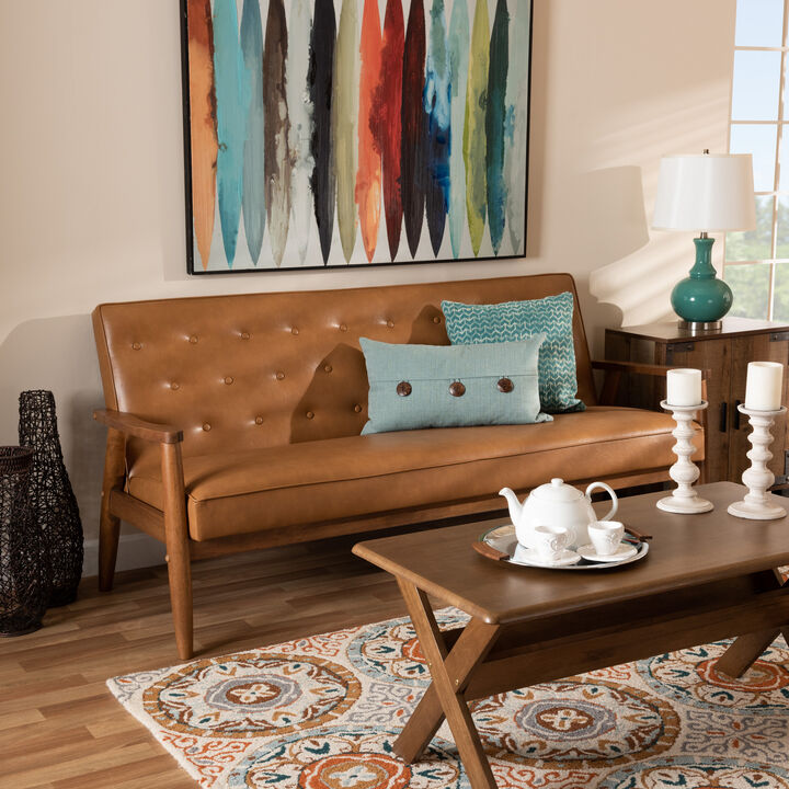 Baxton Studio Sorrento Mid Century Tan Faux Leather Upholstered Wood Sofa