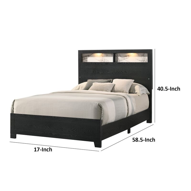 Yoh King Size Bed, Wood, Headboard with Lights and Shelves, Black - Benzara