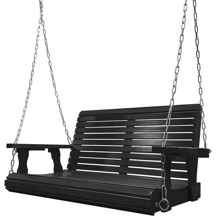 2-Seater Solid Wood Porch Hanging  Swing , Bench Swing with Cup holders, Hanging Chains and 7mm Springs, Heavy Duty 800 LBS, for Outdoor Patio Garden Yard, 4 ft, Black