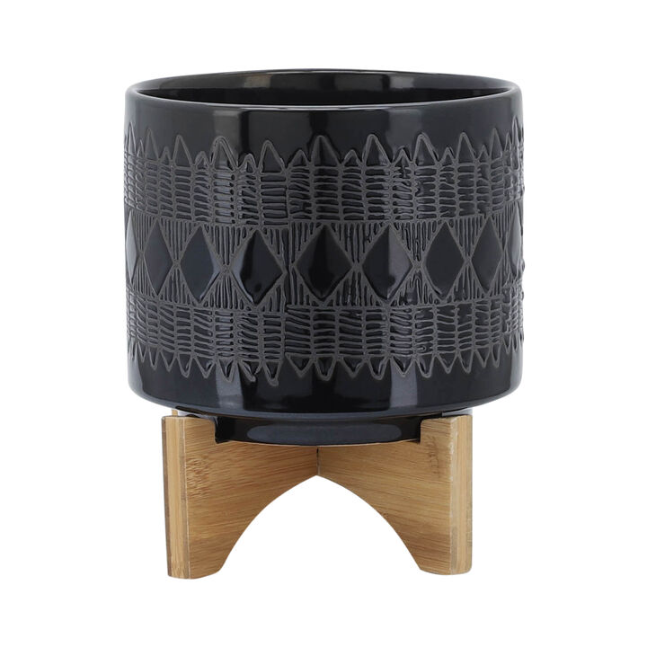 Aztec Planter on Wooden Stand, Black Set