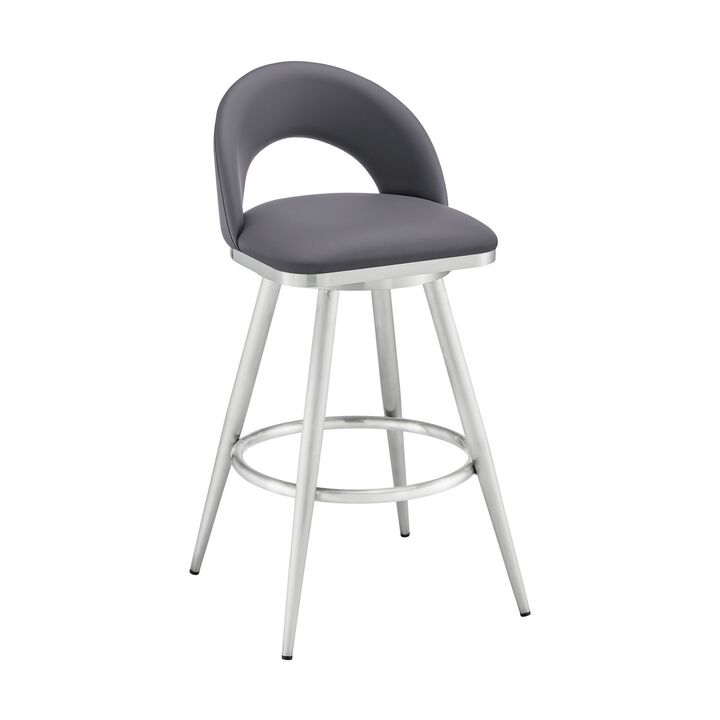 Teco 26 Inch Swivel Counter Stool, Chrome, Curved Back, Gray Faux Leather - Benzara