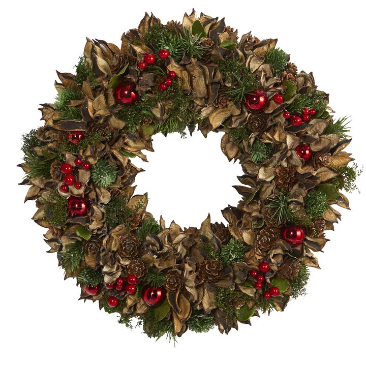 Hivvago 15" Holiday Artificial Wreath with Pine Cones and Ornaments