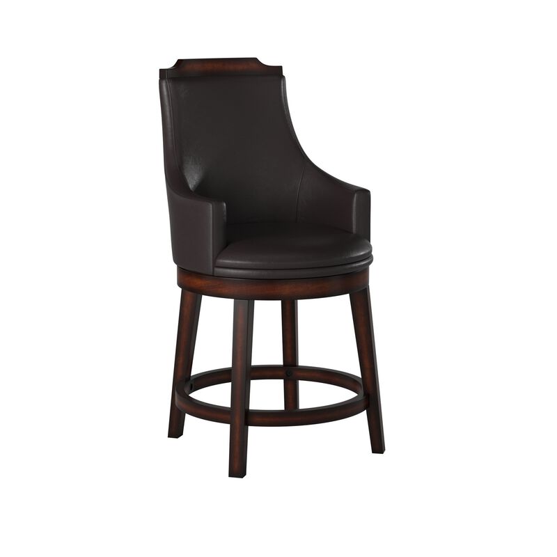 Wood & Leather Counter Height Chair with Swivel Mechanism, Brown & Black, Set of 2-Benzara
