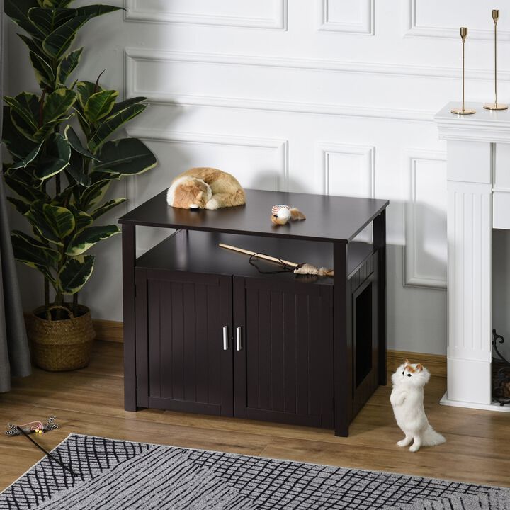 Brown Cat Furniture: Wooden Litter Box Enclosure with Adjustable Wall