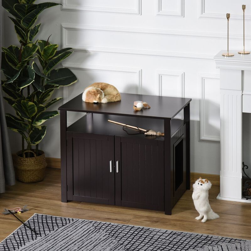 Brown Cat Furniture: Wooden Litter Box Enclosure with Adjustable Wall