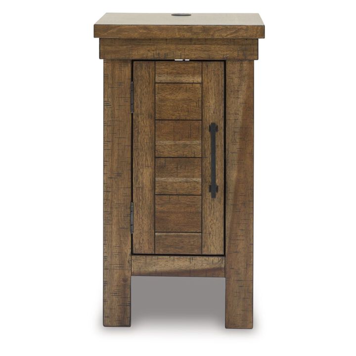 Chip Chairside End Table, Cabinet, 2 USB Ports, 17 Inch Brown Wood - Benzara