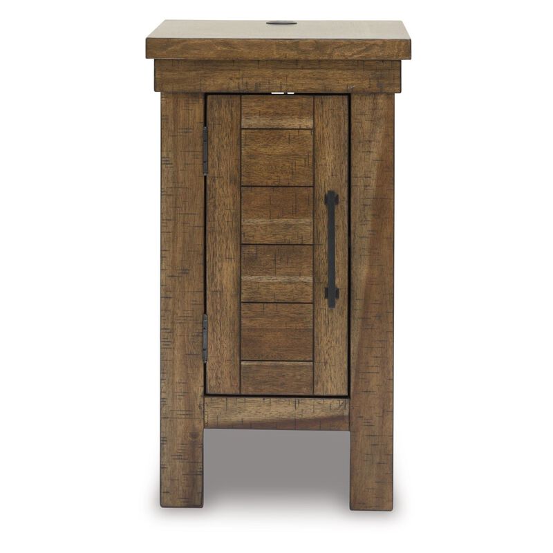 Chip Chairside End Table, Cabinet, 2 USB Ports, 17 Inch Brown Wood - Benzara