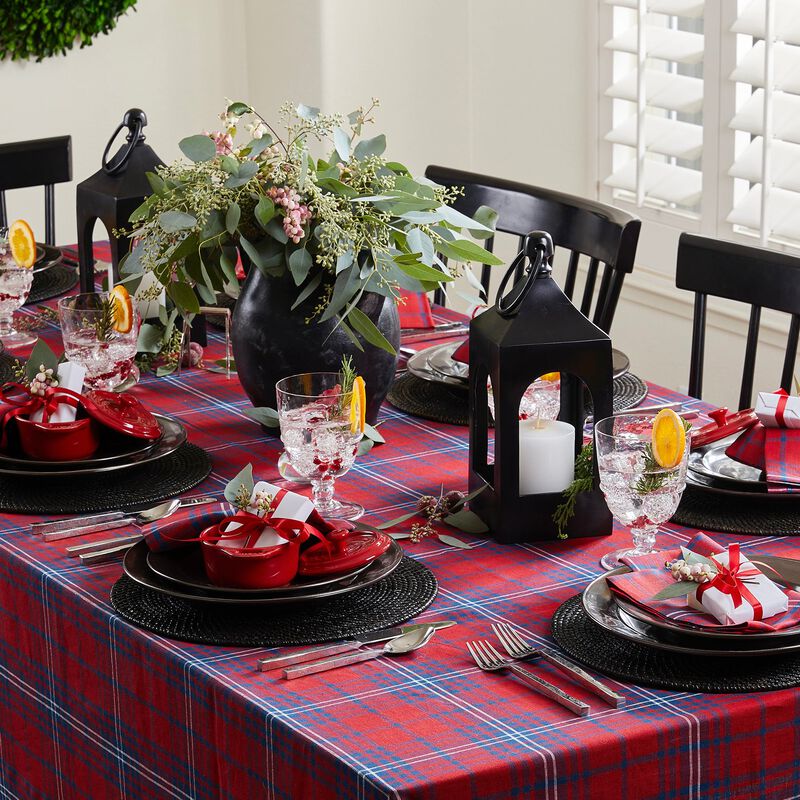 Solino Home 100% Pure Linen Red and Navy Tartan Plaid Table Throw 52 x 52 Inch