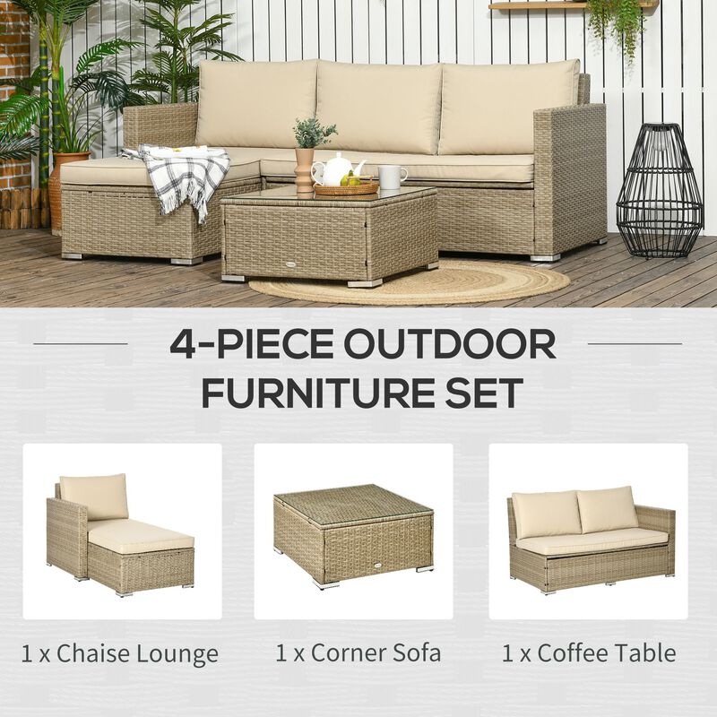 Khaki Outdoor Seating: 3pc Compact Wicker Sectional Set with Storage Table
