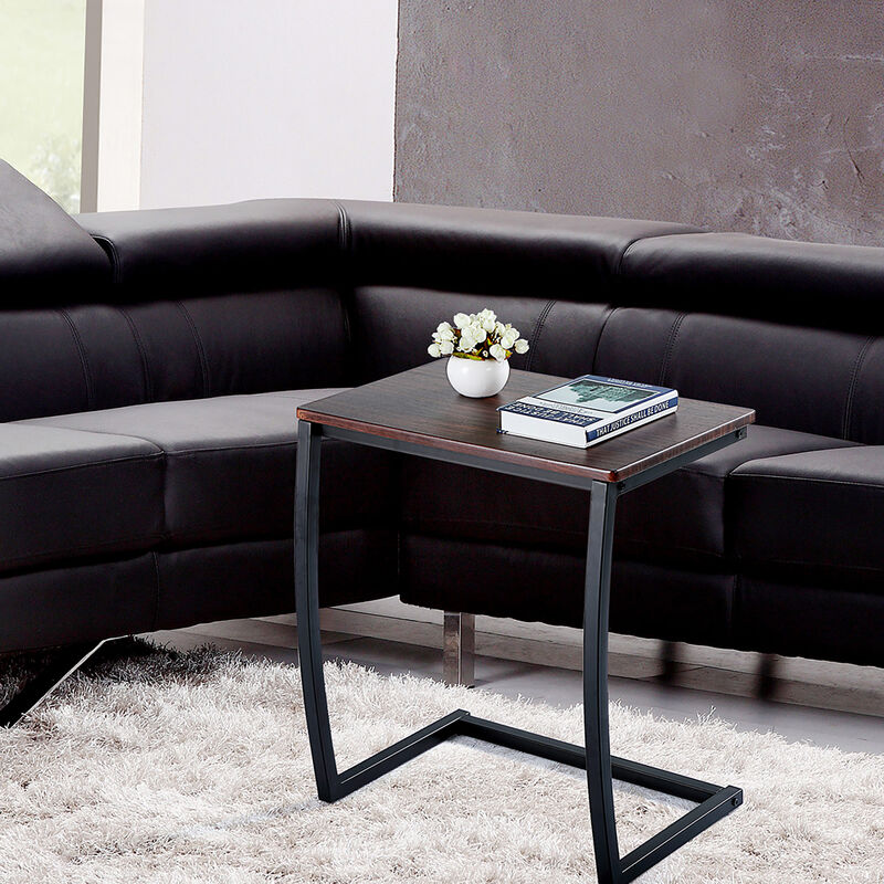 C-Shaped Bedside Table with Metal Frame, Coffee Brown