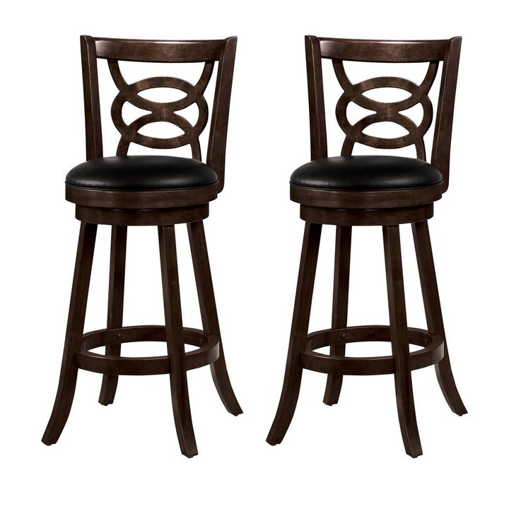 29" Swivel Bar Stool with Upholstered Seat, Black And Brown ,Set of 2-Benzara