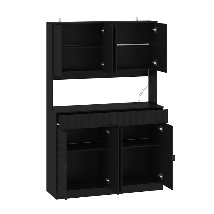 FUFU&GAGA Modern Black Storage Cabinet with Adjustable Shelves and Drawers, P2 MDF, with LED Lighting and USB Ports (46.8" W x 70.9" H x 15.6" D), Black