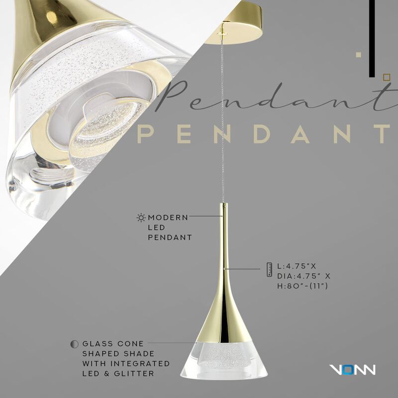 VONN Lighting Integrated LED Height Adjustable Pendant Light with Cone Shade in Gold