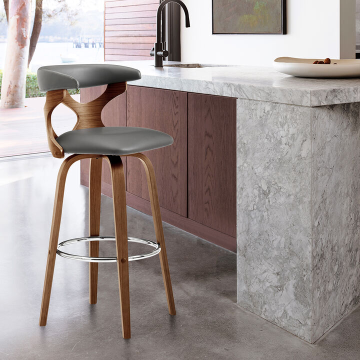 Zenia  Swivel Counter Stool in Cream Faux Leather and Walnut Wood