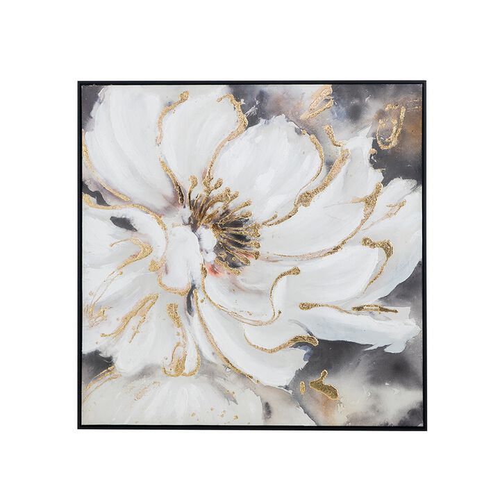 36 x 36 Inch Framed Wall Art, Floral Oil Painting On Canvas, White Gold - Benzara