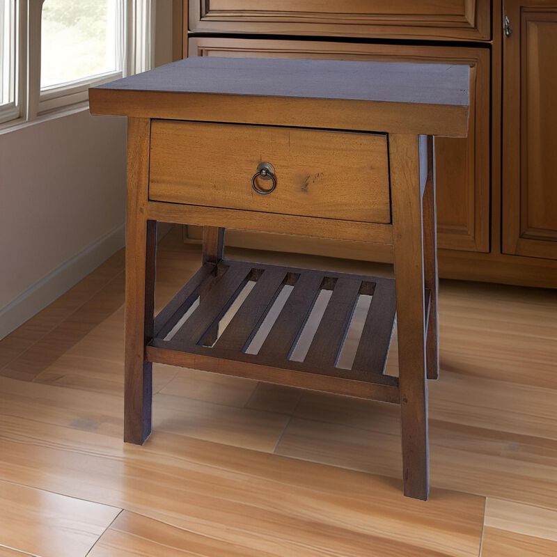 26 Inch Side Table, Classic Look, Drawer, Slatted Shelf, Modern Wood Brown - Benzara