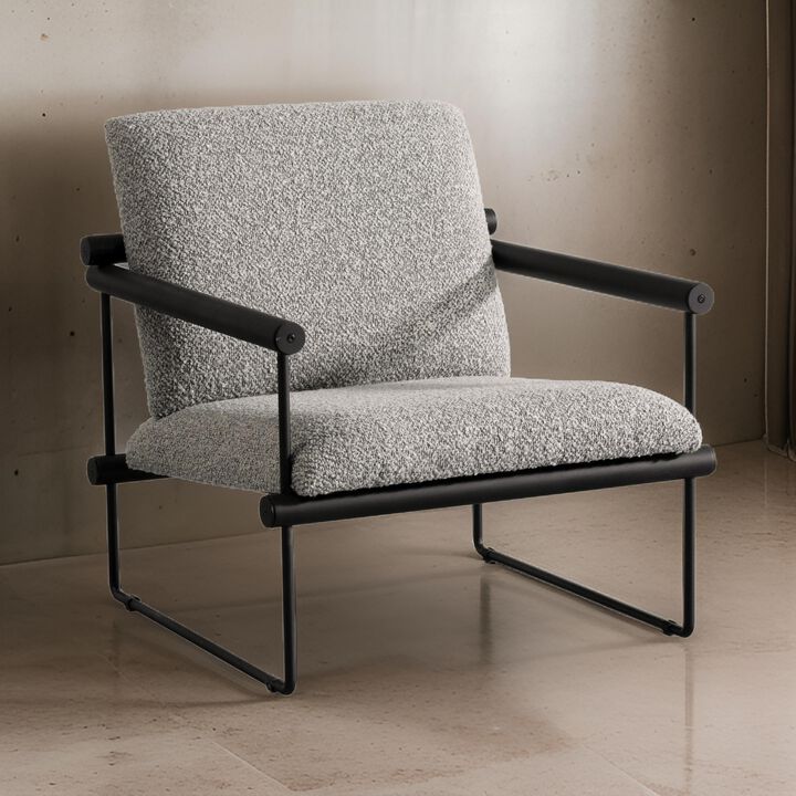 Cid Vina 28 Inch Accent Chair, Gray Polyester, Cushions, Black Metal Frame - Benzara