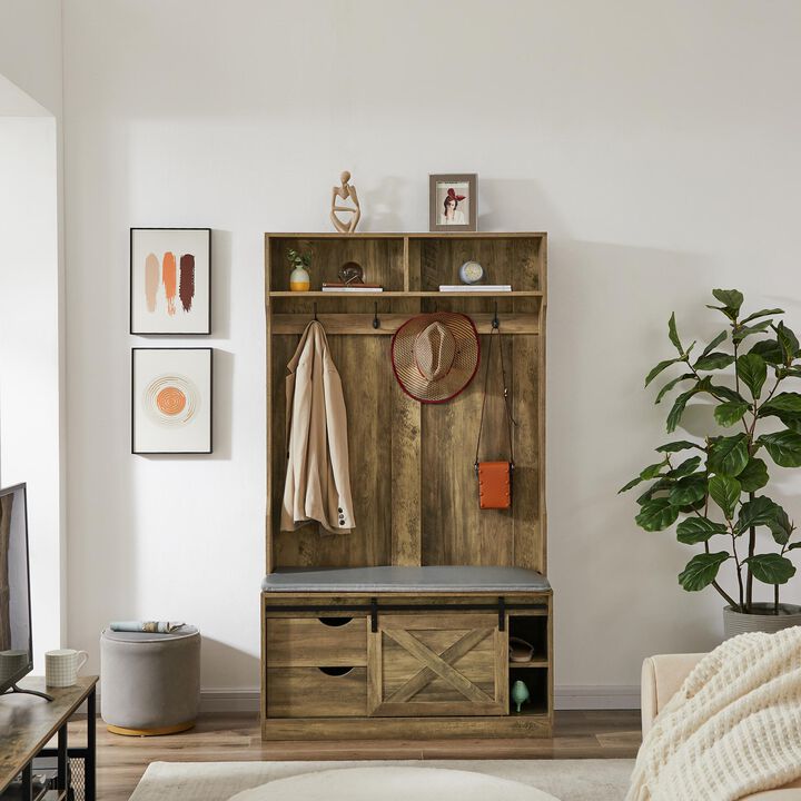 Coat Rack with Storage Shoe Cabinet Entryway Organizer with Hooks & Shelves