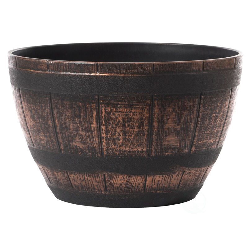 Brown Outdoor Rustic Half Barrel Flower Garden Planter Bowl, Plastic, Medium