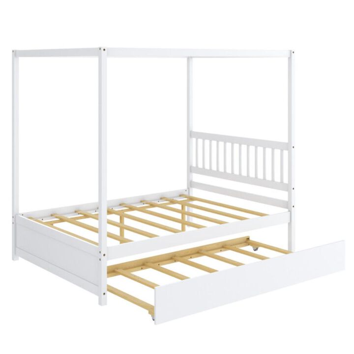 Hivvago Full Size Canopy Bed Frame with Trundle and Headboard for Kids