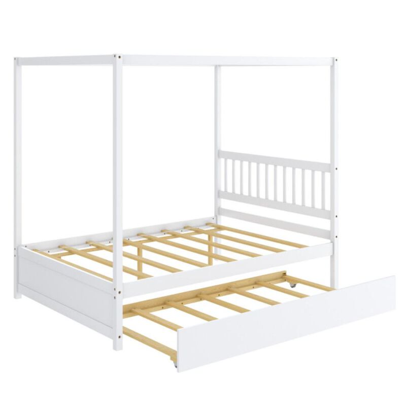 Hivvago Full Size Canopy Bed Frame with Trundle and Headboard for Kids