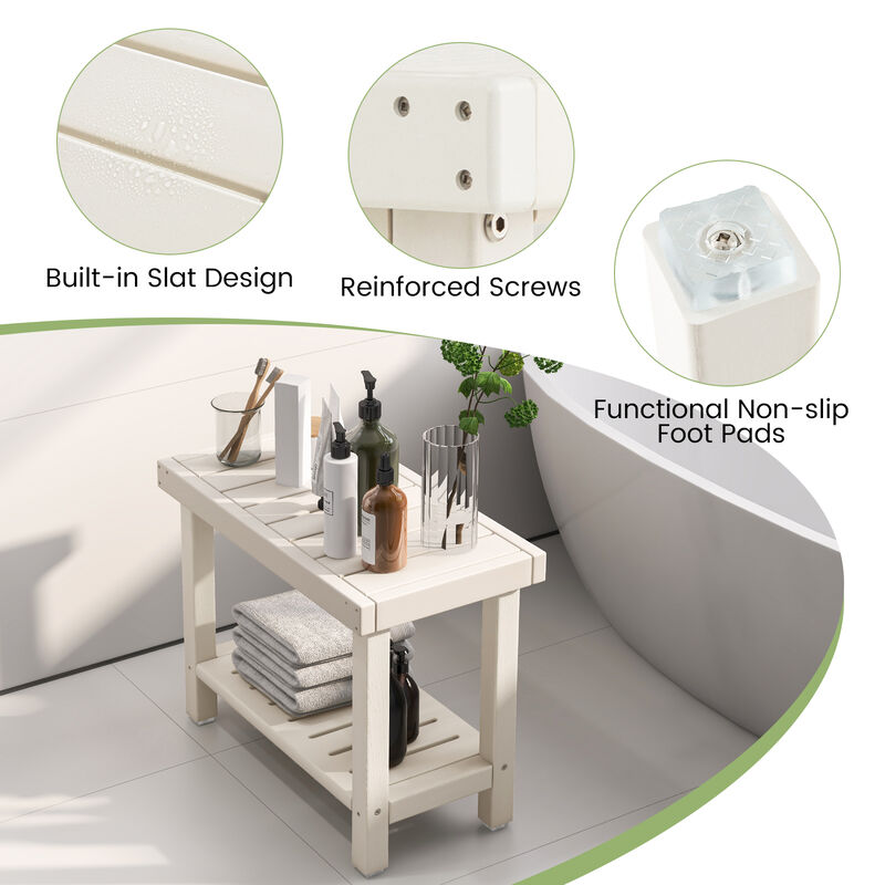 2-Tier Heavy Duty HDPE Shower Chair with Storage Shelf and Anti-slip Foot Pads-White