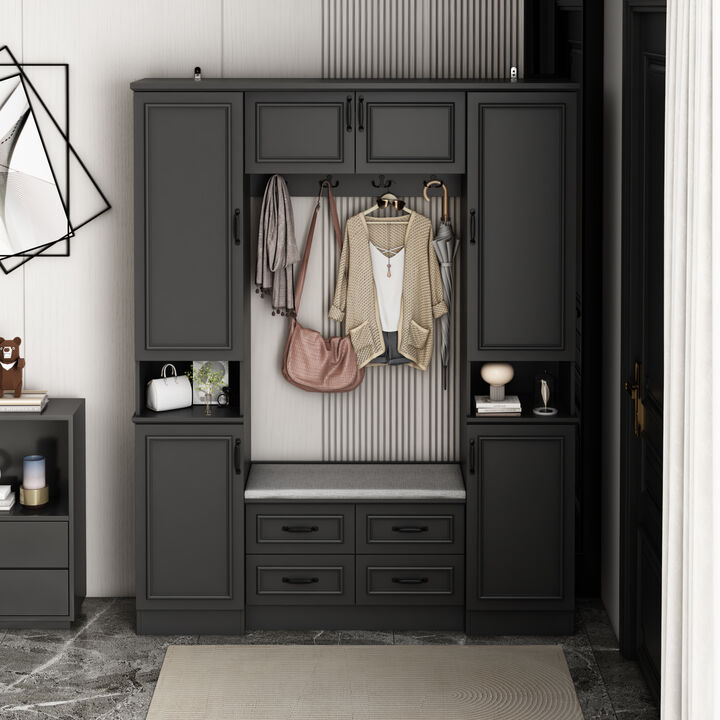 Hall Tree with Bench, 6 Cabinets and 4 Drawers, Entryway Bench with 4 Coat Racks, Entryway Cabinet with 6 Doors and Adjustable Shelves, for Entryway Hallway, 15.7”D x 63”W x 78.7”H, Black