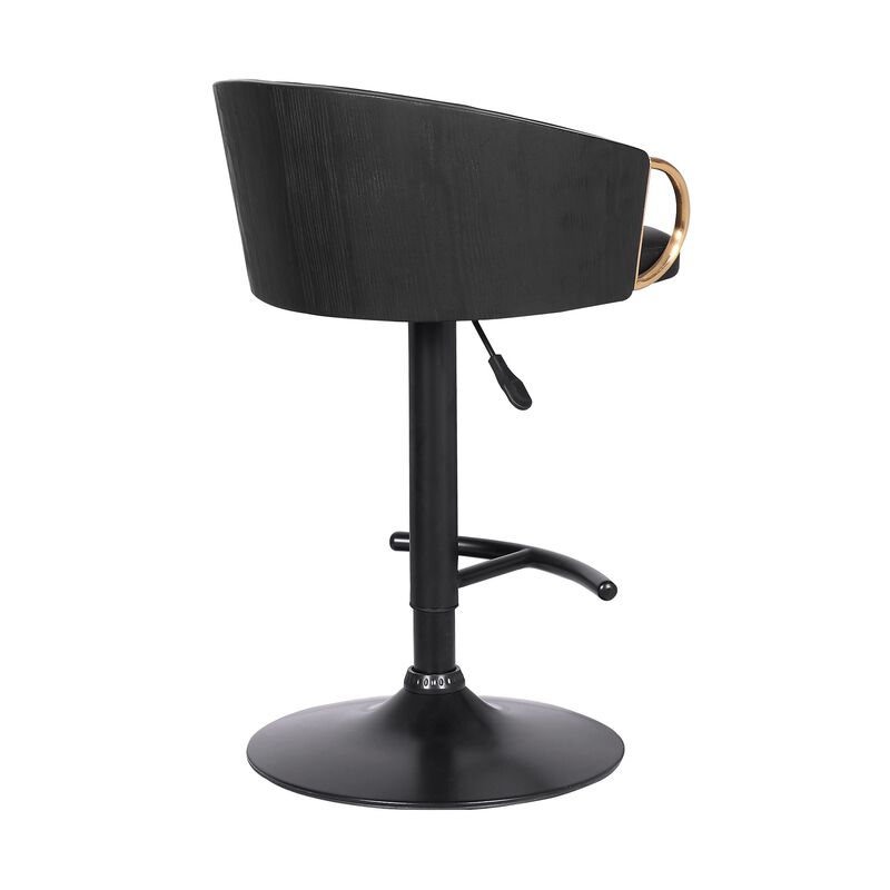 Adjustable Leatherette Swivel Barstool with Arched Seat, Black and Gold-Benzara