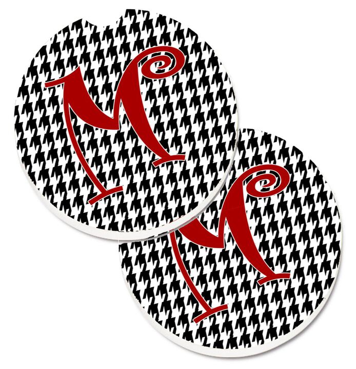 Caroline's Treasures Monogram Initial M Houndstooth black Set of 2 Cup Holder Car Coasters CJ1035-MCARC, 2.56, Multicolor