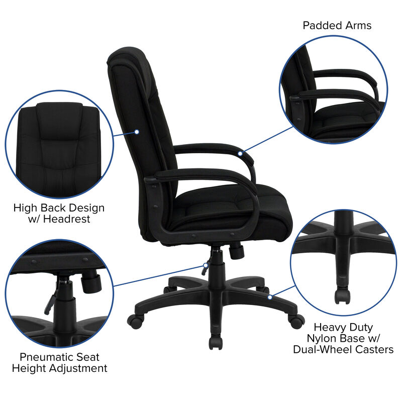 Jessica High Back Black Fabric Executive Swivel Office Chair with Arms