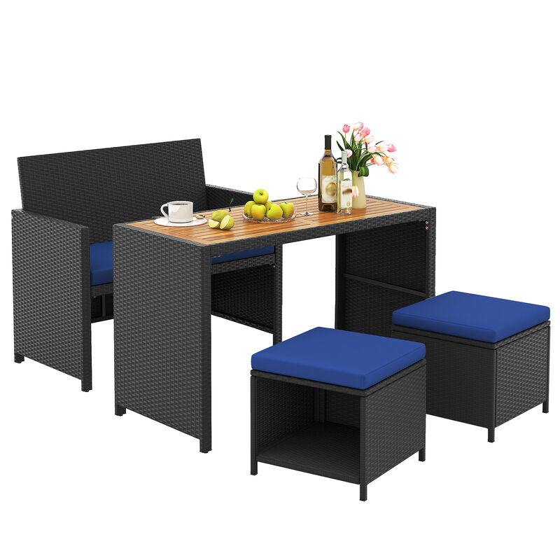 4 Piece Outdoor Dining Set with Wood Topped Dining Table  Rattan Loveseat Chair and 2 Ottomans