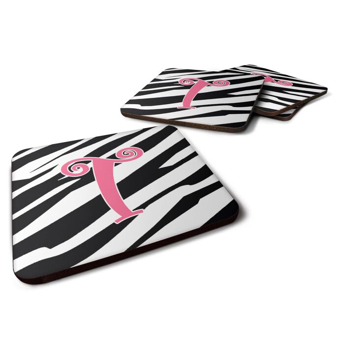 Caroline's Treasures CJ1037-TFC Monogram-Zebra Stripe and Pink Foam Coasters (Set of 4), Initial Letter T, 3.5 H x 3.5 W, Multicolor