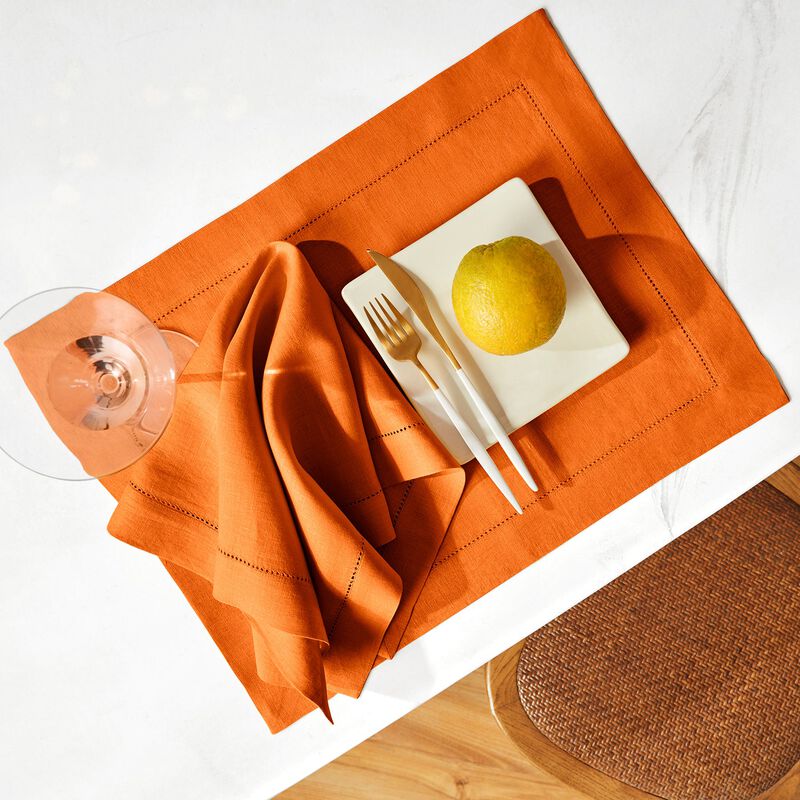 Solino Home 100% Pure Linen Placemats Set of 4, 14 x 19 Inch| Sonoma Hemstitch