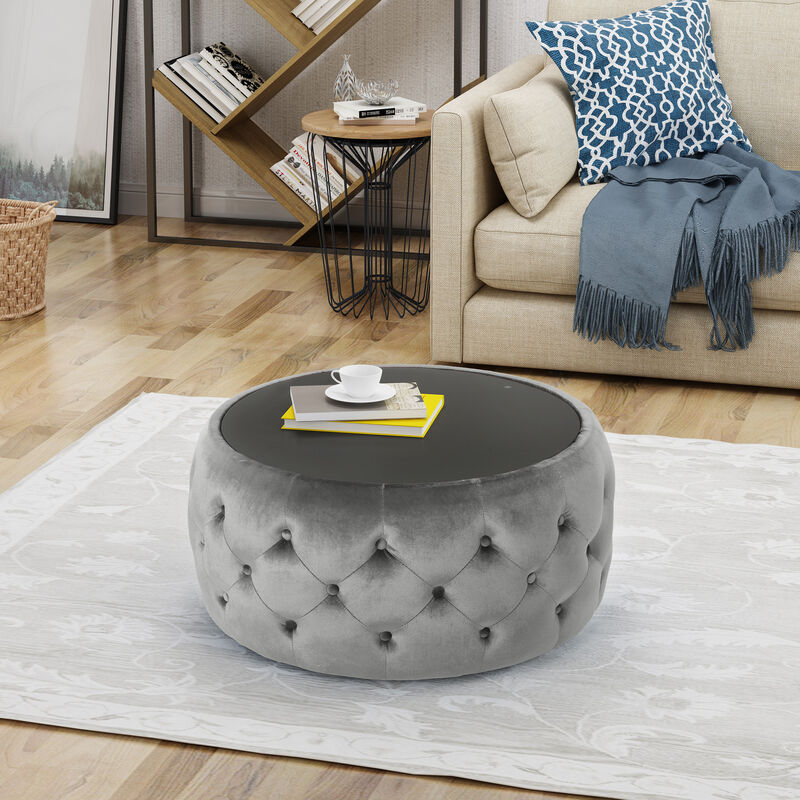 Modern Glam Diamond Tufted Velvet Ottoman with Tempered Glass Top