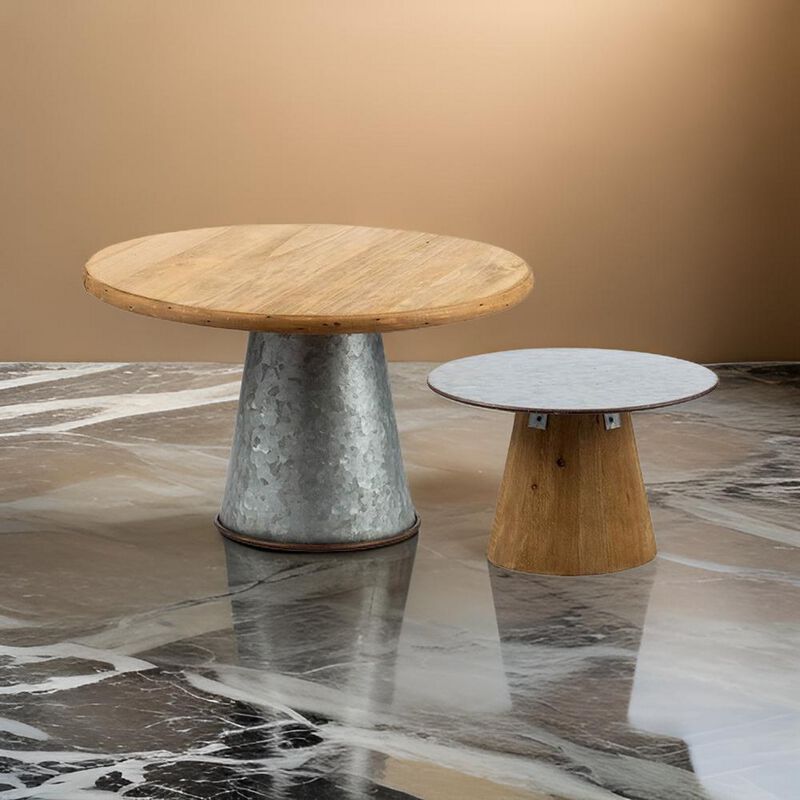 11, 15 Inch Set of 2 Serving Cake Stands, Brown Fir Wood and Gray Metal - Benzara