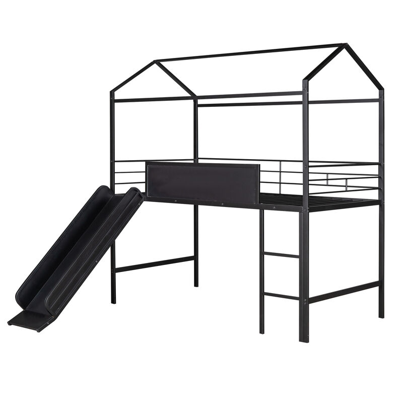 Metal House Bed With Slide, Twin Size Metal Loft Bed With Two-Sided Writable Wooden Board
