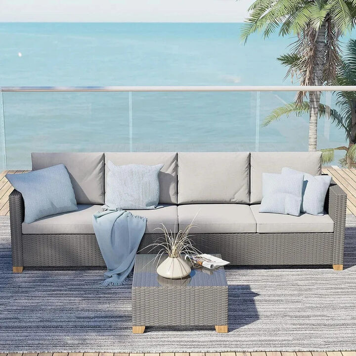 MONDAWE 3 Pieces Outdoor Conversation Sets with Cushions, Wicker Modular Sofa Sets for Garden Backyard Terrace