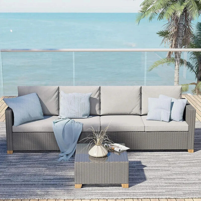 MONDAWE 3 Pieces Outdoor Conversation Sets with Cushions, Wicker Modular Sofa Sets for Garden Backyard Terrace